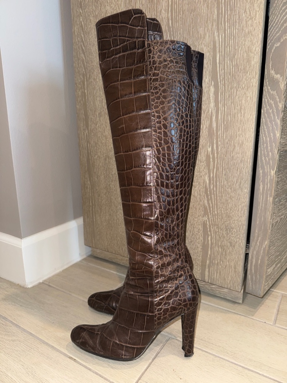 Stuart Weitzman Croc-Embossed Tall Brown Leather Boots